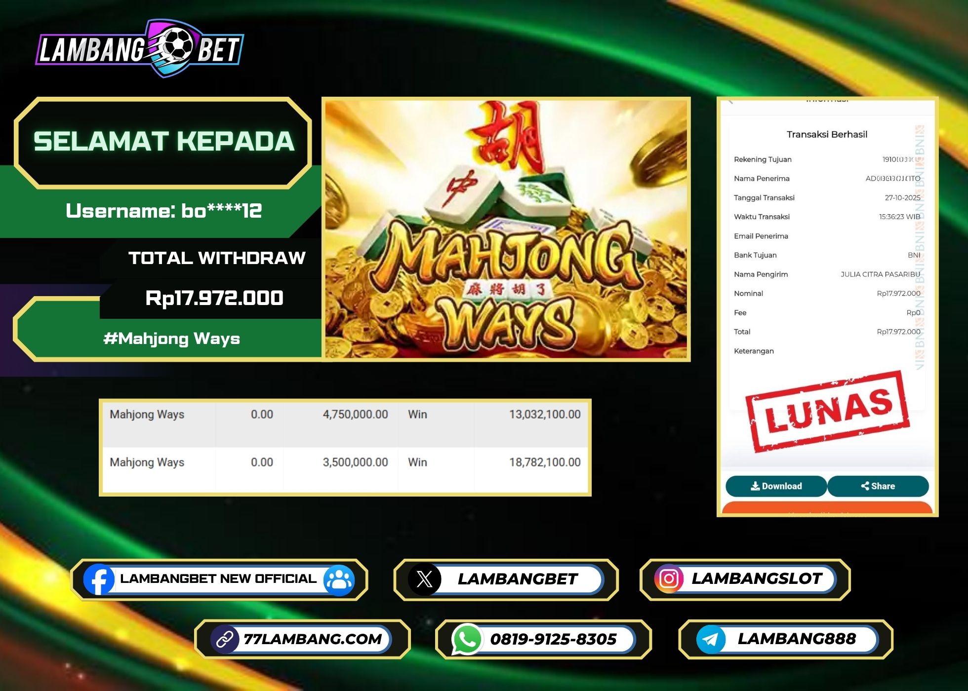 LAMBANGBET [27 OKTOBER 2025] JACKPOT SLOT Mahjong Ways "Rp17.972.000" LUNAS